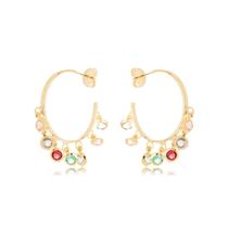Brinco Argola com Pingentes Coloridos Banhados a Ouro 18k