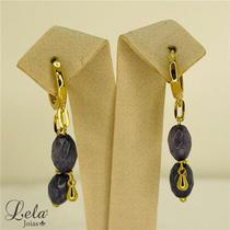 Brinco argola com pingentes em corrente com pedra lepidolita folheado em ouro 18k Brinco argola com pingentes em corrente com pedra lepidolita folheado em ouro 18k