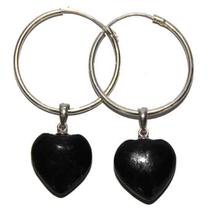 Brinco Argola Coração Pedra Quartzo Preto Natural Prata 925 Brinco Argola Coração Pedra Quartzo Preto Natural Prata 925