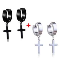 Brinco argola cruz aço inox preto prata masculino 2 pares