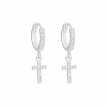 Brinco argola de prata 925 com cruz e pedras cravadas unissex original Brinco argola de prata 925 com cruz e pedras cravadas unissex original