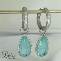 Brinco argola dupla cravejação com gota fusion turmalina light folheado a ródio branco