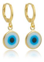 Brinco Argola Elisabete com Pingente Olho Grego Branco Redondo Banhado em ouro 18k