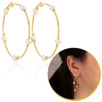 Brinco Argola Feminina Dourado Com Pedras Pérola Estilo