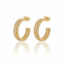 Brinco Argola Feminino Dourado Ouro 18K com Zircônias e Bolinhas Antialérgico - Lefacine
