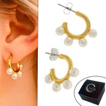 Brinco Argola Forma 4 Pérolas 16mm Semijoia Banhado a Ouro