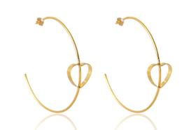 Brinco Argola Grande Fina Com Coração Embutido Em Ouro 18K