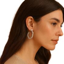 Brinco Argola Hexagonal Prateada com Strass Luxo Festa - Brinco Argola Hexagonal Prateada com Strass Luxo Festa -