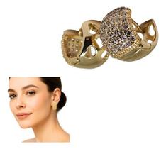 Brinco Argola Larga Cravejada Dourada Banhado Ouro 18k Luxo Brinco Argola Larga Cravejada Dourada Banhado Ouro 18k Luxo