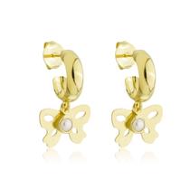 Brinco Argola Lisa com Pingente Borboleta Perola Banhado a Ouro 18k