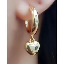 Brinco Argola Meia Cana 1.5 cm com Coração Liso Banhado em Ouro 18k
