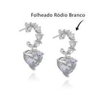 Brinco Argola Pendente Coração Zircônias Folheado Ródio Branco Brinco Argola Pendente Coração Zircônias Folheado Ródio Branco