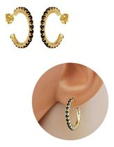 Brinco Argola Pequena Strass Preto Folheado Ouro 18k Antialérgico