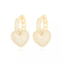 Brinco Argola Pingente Coração com Micro Zircônias Banhado Ouro 18K Brinco Argola Pingente Coração com Micro Zircônias Banhado Ouro 18K