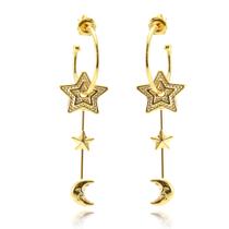 Brinco Argola Pingente Lua Estrela Folheado Ouro 18k Brinco Argola Pingente Lua Estrela Folheado Ouro 18k