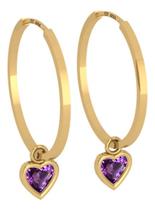 Brinco Argola Prata 925 Dourado 18k Pedra Roxa Coração