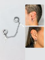 Brinco Argola Prata Masculino Feminino Pressão Corrente Cruz