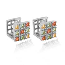 Brinco Argola Quadrada Cravejada Zircônias Folheado Ródio Branco