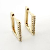 Brinco Argola Retangular Grande Cravejado com Zircônia Banhado em Ouro 18K