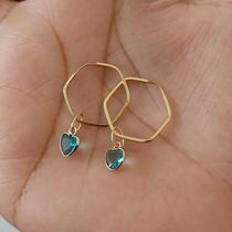 Brinco Argola Sextavado Médio com Pingente Zircônia Ouro 18k