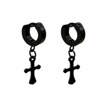 Brinco Argola Unissex Pequena Preta Cruz Aço Inox Segundo Furo