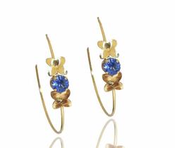 Brinco Argola Visujóias Com Pedra Safira Folheada A Ouro 18K