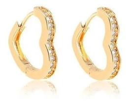 Brinco Argola Zirconia Coração Dourado F. Ouro 18K - Dourado