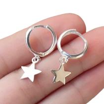 Brinco Argolinha Click Prata 925 Com Pingente De Estrela Estrelinha