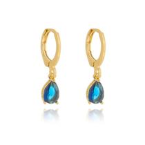 Brinco Argolinha Espelhada e Gota Cristal Azul Banho Ouro 18k
