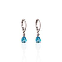 Brinco Argolinha Espelhada e Gota Cristal Azul Turquesa Banho Ródio Branco