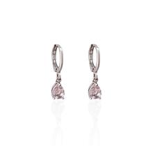 Brinco Argolinha Espelhada e Gota Cristal Rosa Claro Banho Ródio Branco