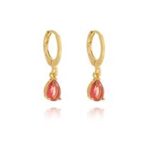 Brinco Argolinha Espelhada e Gota Cristal Rosado Banho Ouro 18k Brinco Argolinha Espelhada e Gota Cristal Rosado Banho Ouro 18k