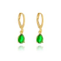 Brinco Argolinha Espelhada e Gota Cristal Verde Banho Ouro 18k Brinco Argolinha Espelhada e Gota Cristal Verde Banho Ouro 18k