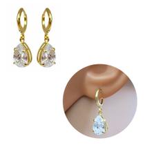 Brinco Argolinha Folheado Ouro Pingente de Gota em Cristal Brinco Argolinha Folheado Ouro Pingente de Gota em Cristal