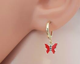Brinco Argolinha Infantil Borboleta Vermelha Folheado Ouro 18k Antialérgico
