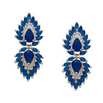 Brinco Articulado Gota com Cristais Azul Prussiano com Zircônias Folheado em Ródio Branco Softjoias