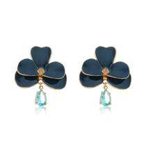 Brinco Banhado A Ouro 18K Esmaltação Italiana Flor Azul Com Pedra Turquesa