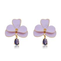 Brinco Banhado A Ouro 18K Esmaltação Italiana Flor Lilás Com Pedra Ametista