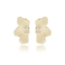 Brinco Banhado A Ouro Com Esmaltação Off-White E Zircônia Cristal