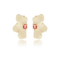 Brinco Banhado A Ouro Com Esmaltação Off-White E Zircônia Rubi