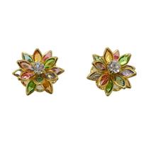 Brinco Banhado Folheado a Ouro Flor Pedras Coloridas Semijoia