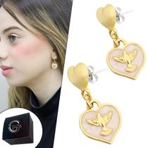 Brinco Base Coração Pingente Espírito Santo Semijoia Banhado a Ouro