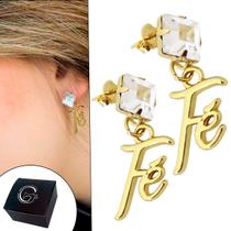 Brinco Base Cristal Pingente Fé Semijoia Banhado a Ouro