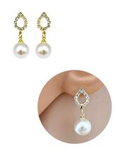 Brinco Base Gota Cristal Pingente Pérola Folheado Ouro 18K