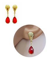 Brinco Base Pedra Cristal Vemelho Folheado Ouro 18k
