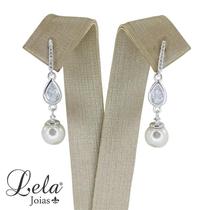 Brinco base retangular fina cravejada com gota e pérola prata 925