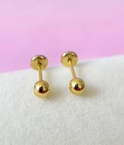 Brinco Bola 2,5mm Em Ouro 18k P/ Recem Nascido Bebe 2º Furo