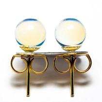 Brinco Bolinha Pedra da Lua Opalina Tarracha Dourado