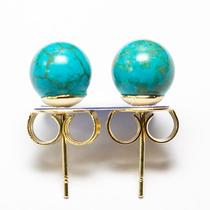 Brinco Bolinha Pedra Turquesa Azul Pino Tarracha Dourado