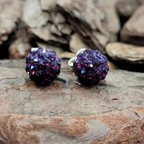Brinco Bolinha Zircônia Roxa Cravejada 8mm - Prata 925